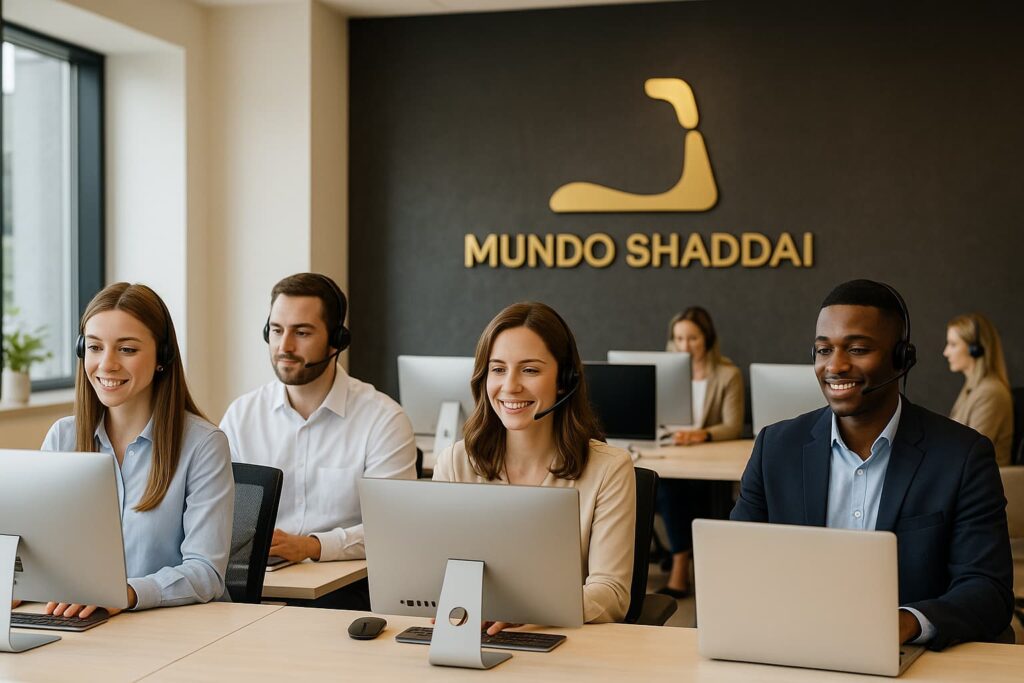 Mundo Shaddai – Atención al Cliente y Comunicación Global Oficina de Mundo Shaddai con personal comunicándose con clientes por ordenador y móvil en un entorno profesional